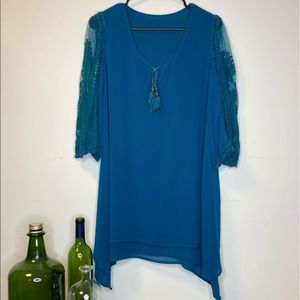 Blue, Lace Sleeved Tunic